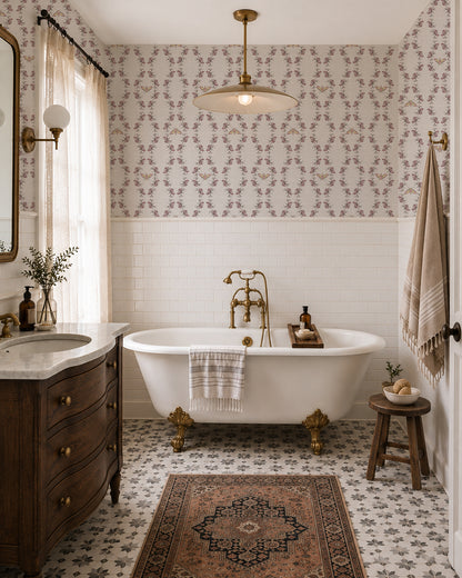 Night Bloom Warm Linen wallpaper in a vintage bathroom with a clawfoot tub, wood vanity and brass accents.