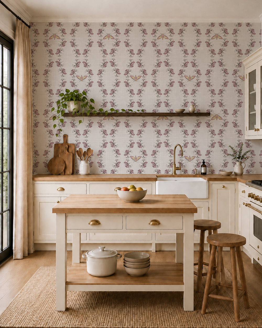Night Bloom Warm Linen wallpaper in a cozy kitchen with cream cabinets, wood accents and a leafy plant.