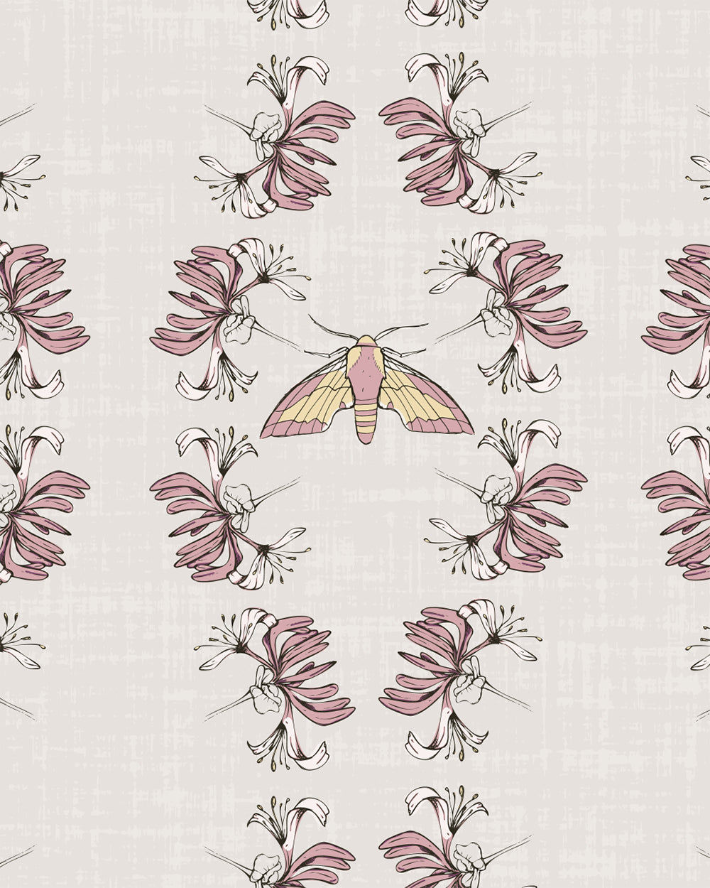 Night Bloom Warm Linen wallpaper with pink honeysuckle blooms and a softly detailed moth on a warm linen background.