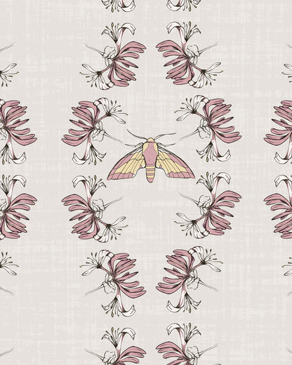 Night Bloom Warm Linen wallpaper with pink honeysuckle blooms and a softly detailed moth on a warm linen background.