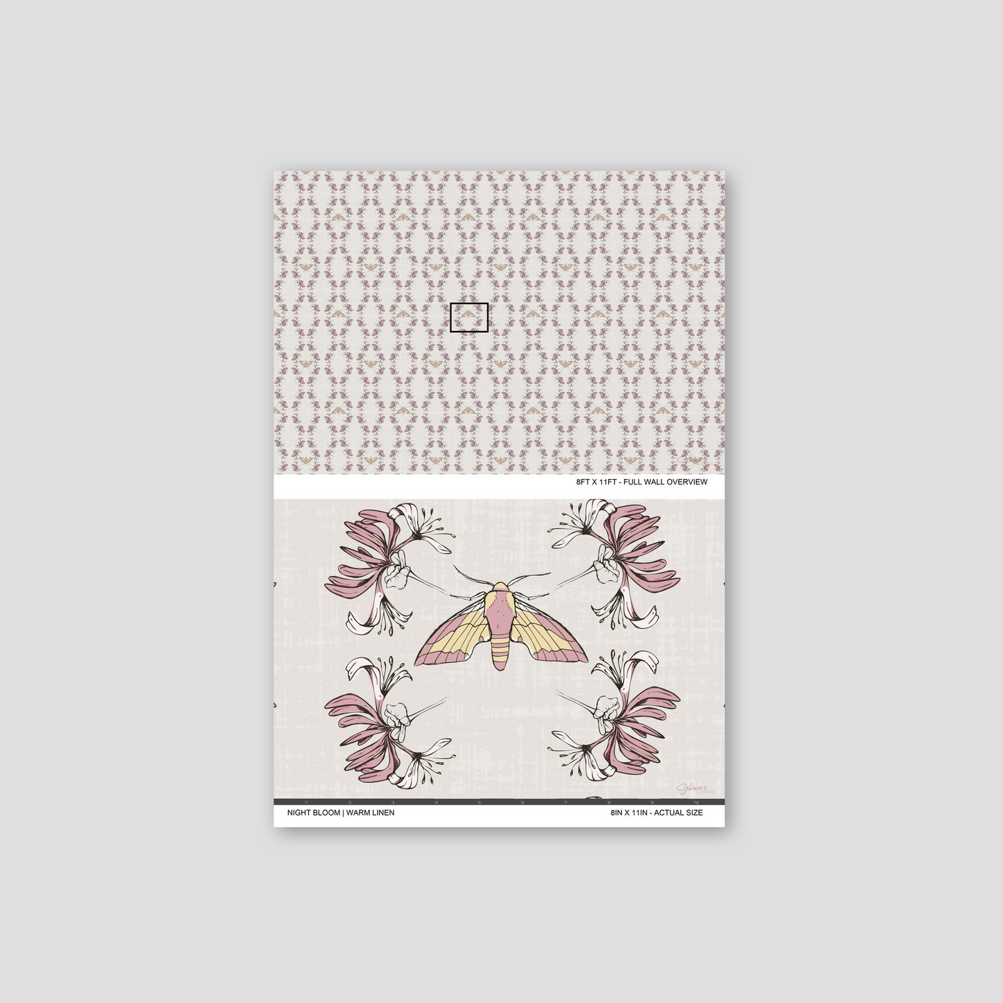 Night Bloom Warm Linen wallpaper sample showing full wall scale and an actual-size view of the floral moth design.