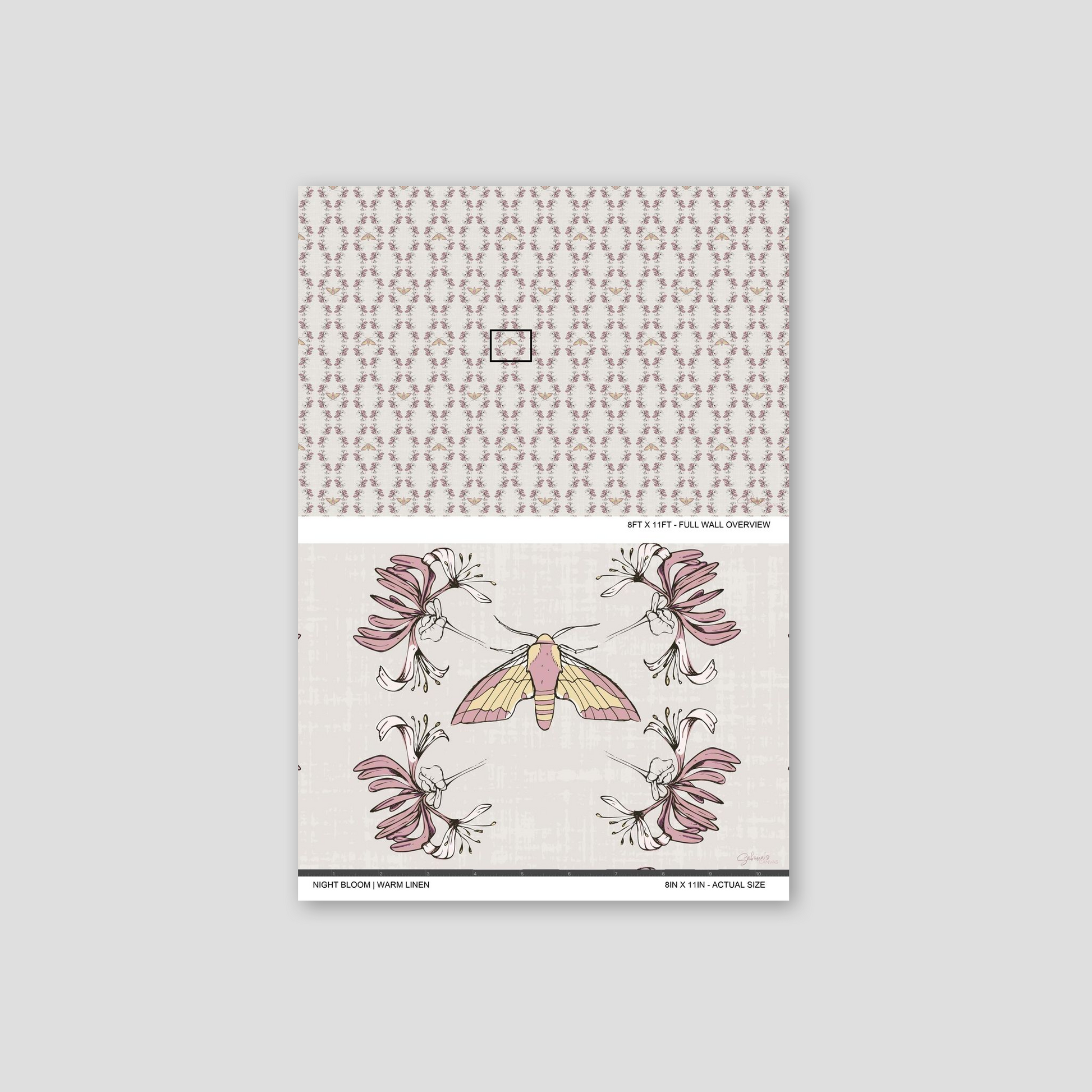Night Bloom Warm Linen wallpaper sample showing full wall scale and an actual-size view of the floral moth design.