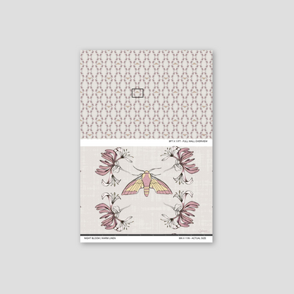 Night Bloom Warm Linen wallpaper sample showing full wall scale and an actual-size view of the floral moth design.