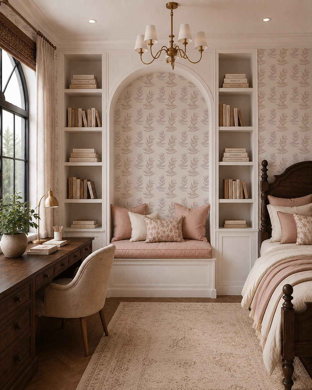 Olive Branch Linen wallpaper in a cozy bedroom nook with built-in shelves, warm wood furniture and soft blush accents.