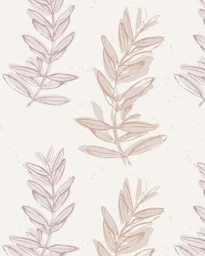 Olive Branch Linen wallpaper with hand-drawn leafy branches in soft taupe and mauve on a warm linen background.