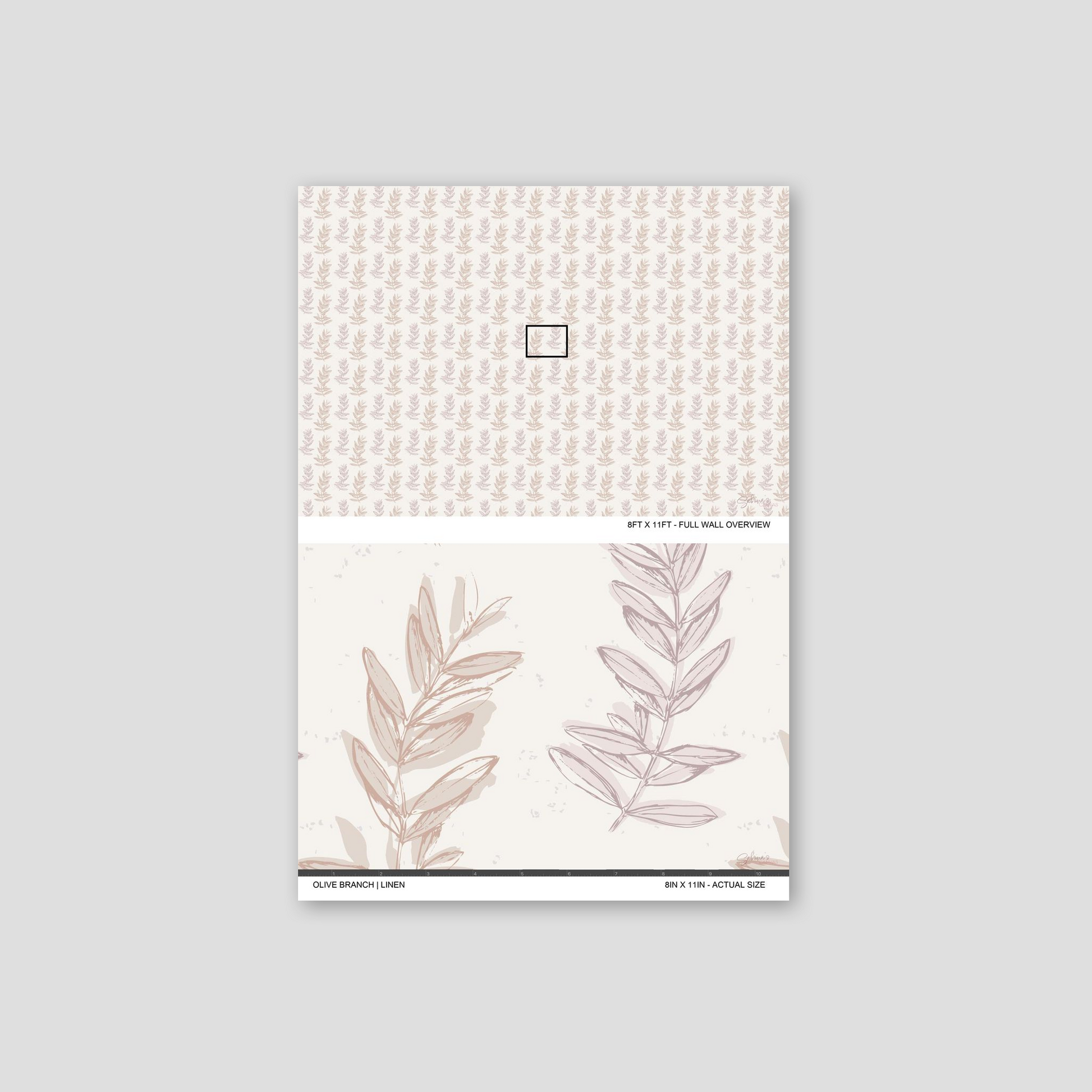 Olive Branch Linen wallpaper sample showing full wall scale and an actual-size view of the leafy botanical design.