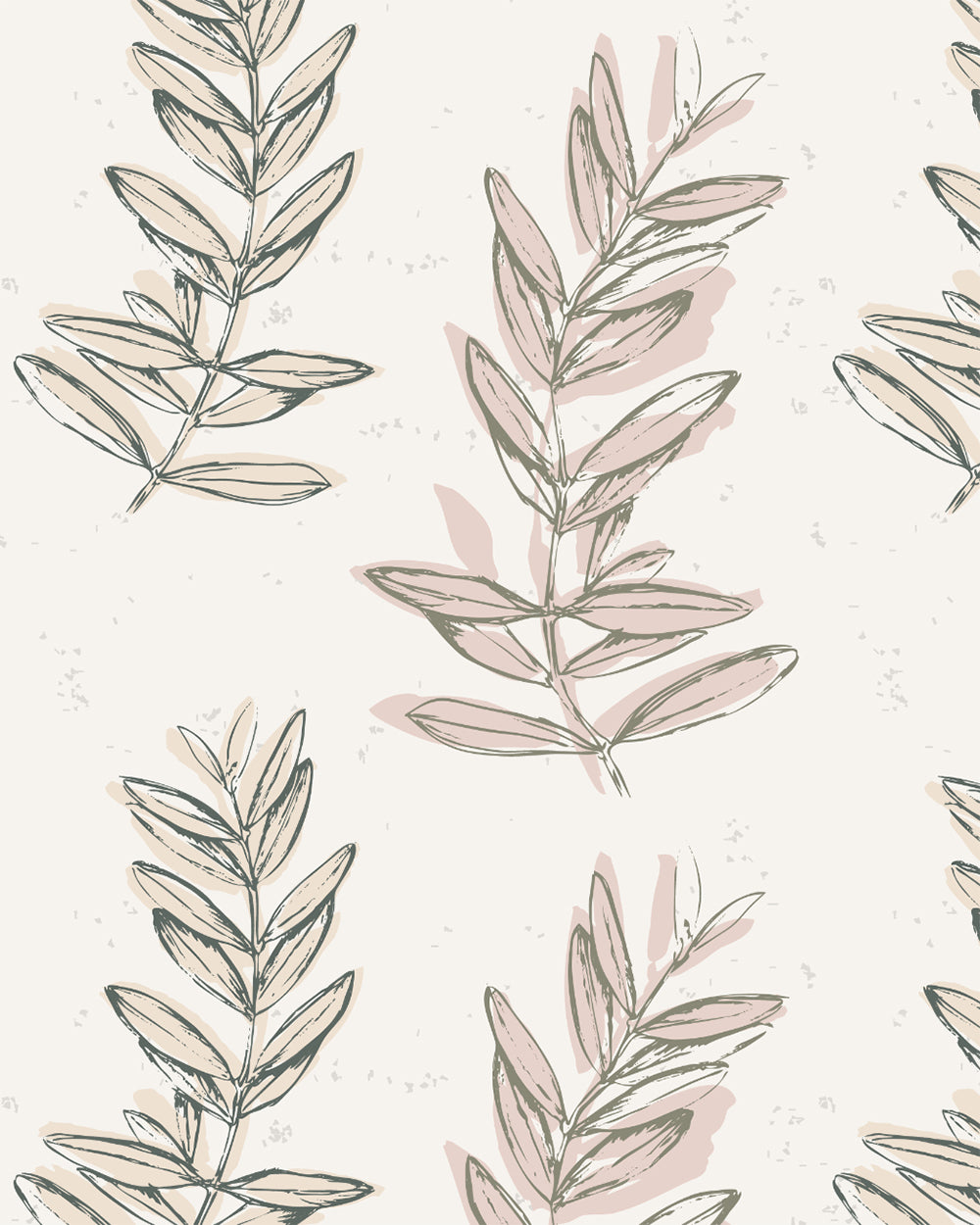 Olive Branch Olive wallpaper with hand-drawn leafy branches in muted olive, blush and cream tones.