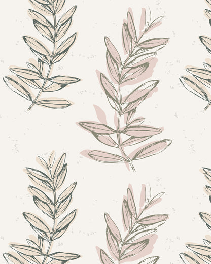 Olive Branch Olive wallpaper with hand-drawn leafy branches in muted olive, blush and cream tones.
