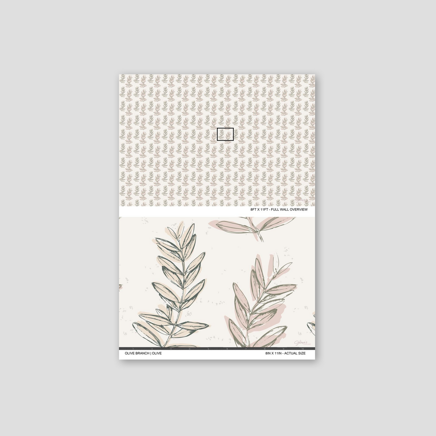 Olive Branch Olive wallpaper sample showing full wall scale and an actual-size view of the leafy botanical design.