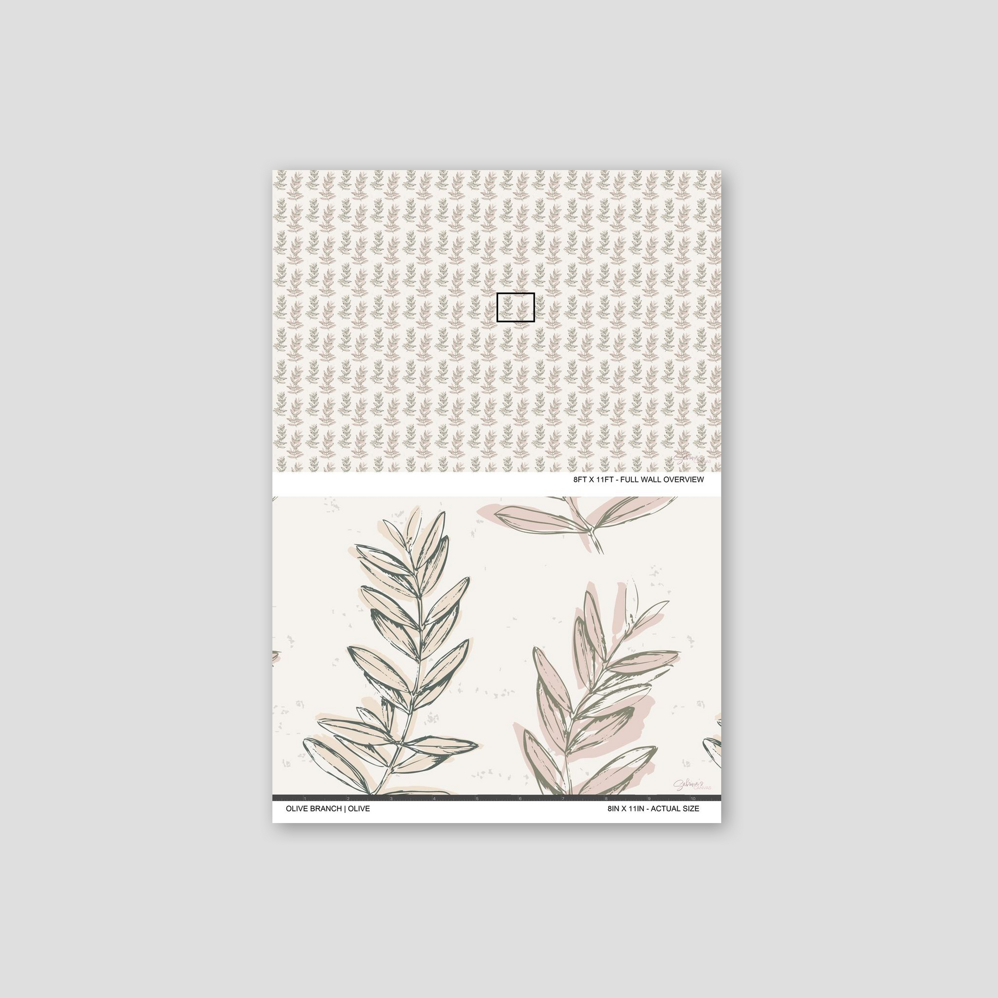 Olive Branch Olive wallpaper sample showing full wall scale and an actual-size view of the leafy botanical design.