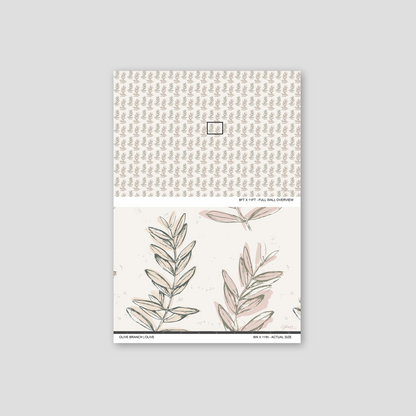 Olive Branch Olive wallpaper sample showing full wall scale and an actual-size view of the leafy botanical design.
