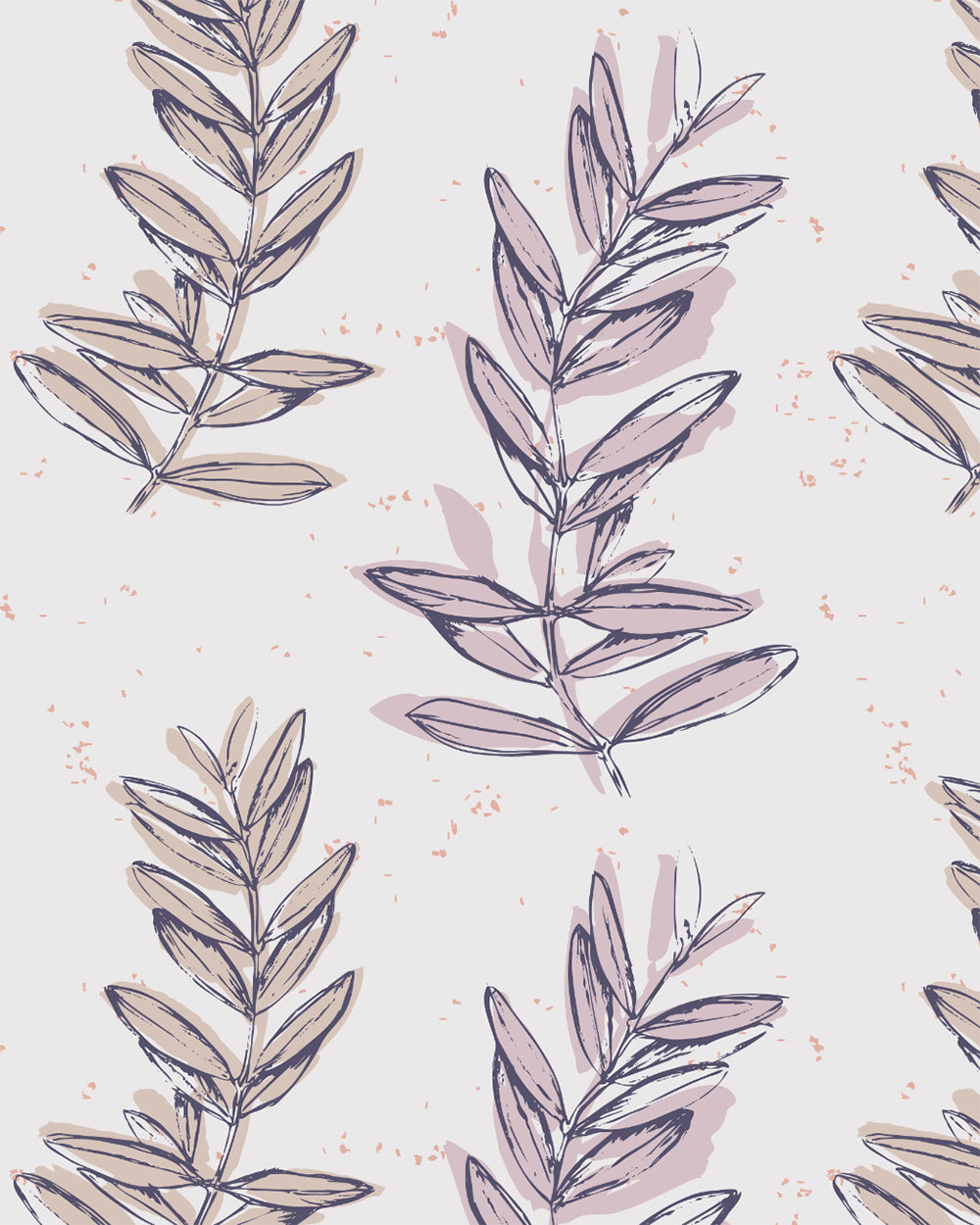 Olive Branch Plum wallpaper with hand-drawn leafy branches in muted plum, blush and cream tones.