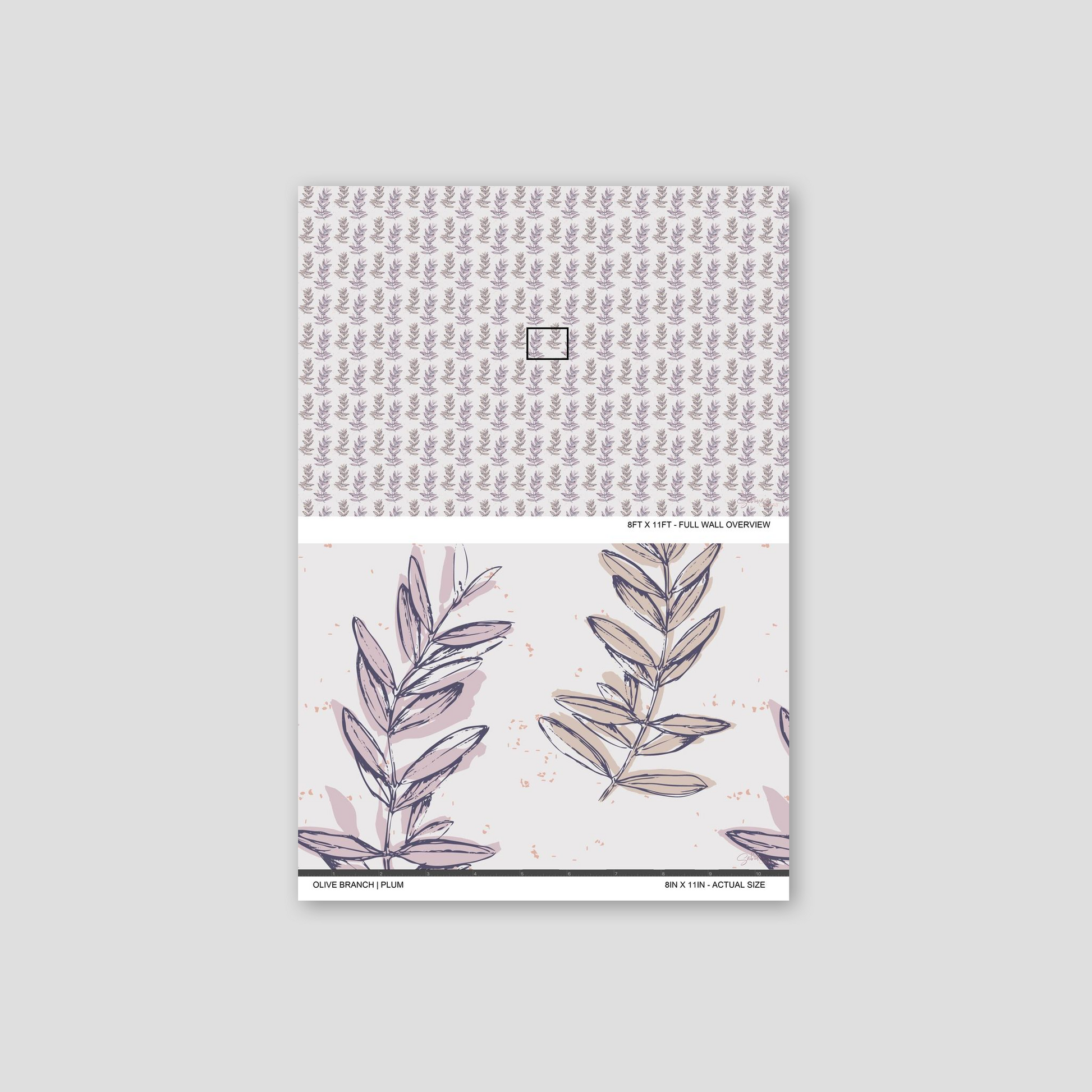 Olive Branch Plum wallpaper sample showing full wall scale and an actual-size view of the leafy botanical design.