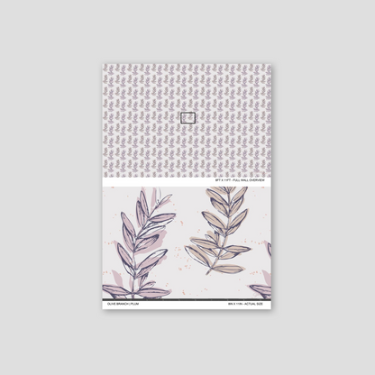 Olive Branch Plum wallpaper sample showing full wall scale and an actual-size view of the leafy botanical design.