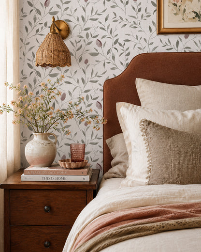 Rosebud Trail wallpaper with mauve rosebuds and soft green leaves in a warm bedroom with cream bedding and wood furniture.
