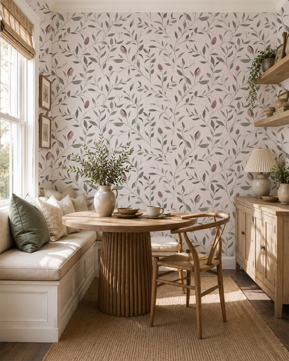 Rosebud Trail wallpaper with mauve rosebuds and leafy branches in a bright dining nook with warm wood furniture.