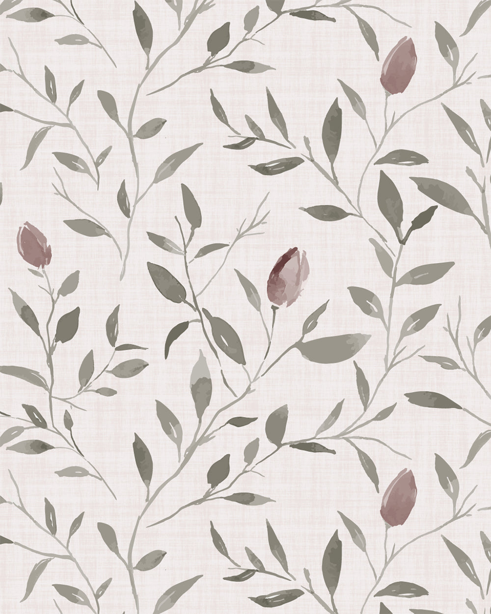 Rosebud Trail wallpaper with winding leafy branches, muted mauve rosebuds and a softly textured neutral background.