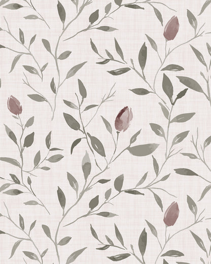Rosebud Trail wallpaper with winding leafy branches, muted mauve rosebuds and a softly textured neutral background.