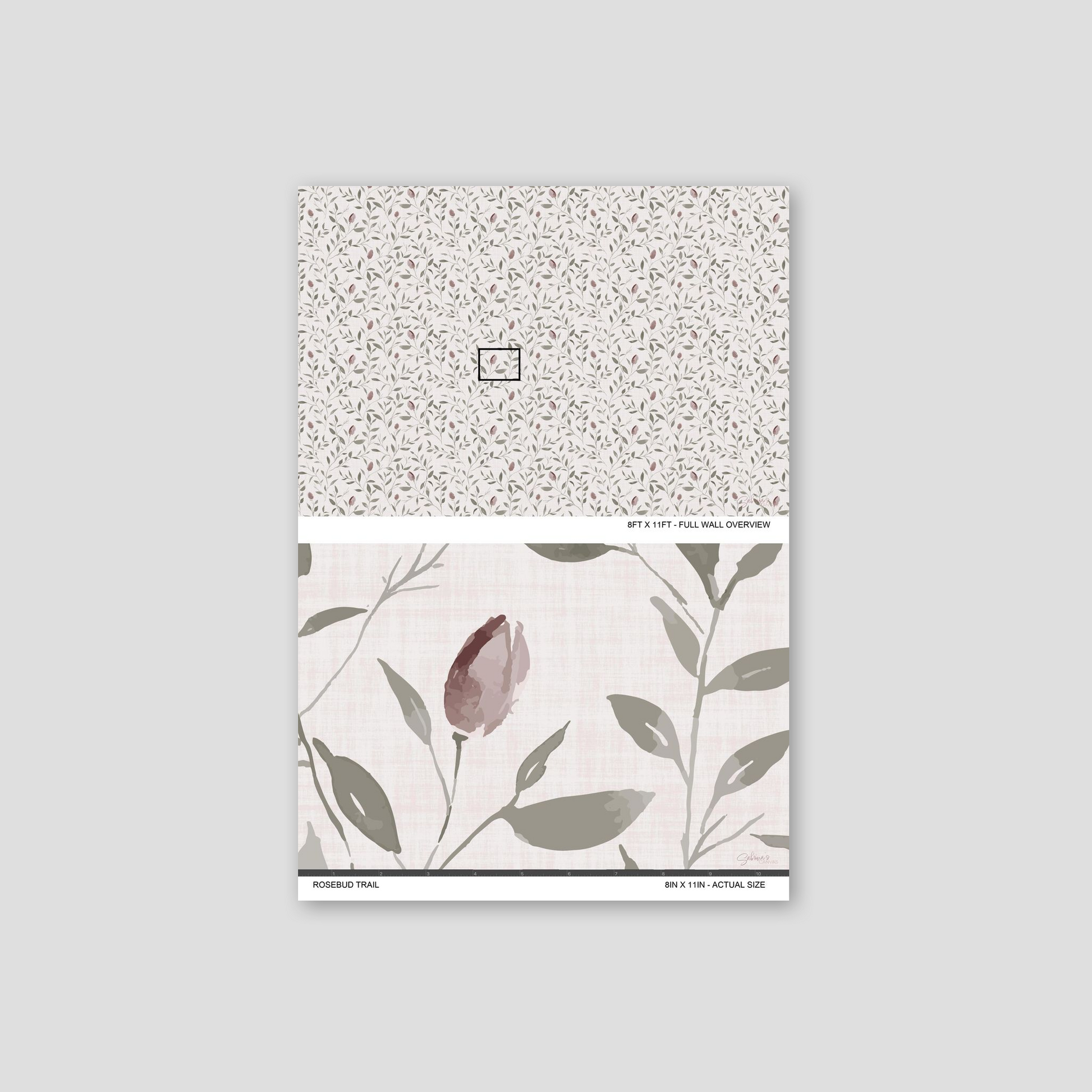Rosebud Trail wallpaper sample showing the full wall scale and an actual-size view of the mauve rosebud and leafy design.