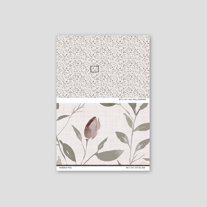 Rosebud Trail wallpaper sample showing the full wall scale and an actual-size view of the mauve rosebud and leafy design.