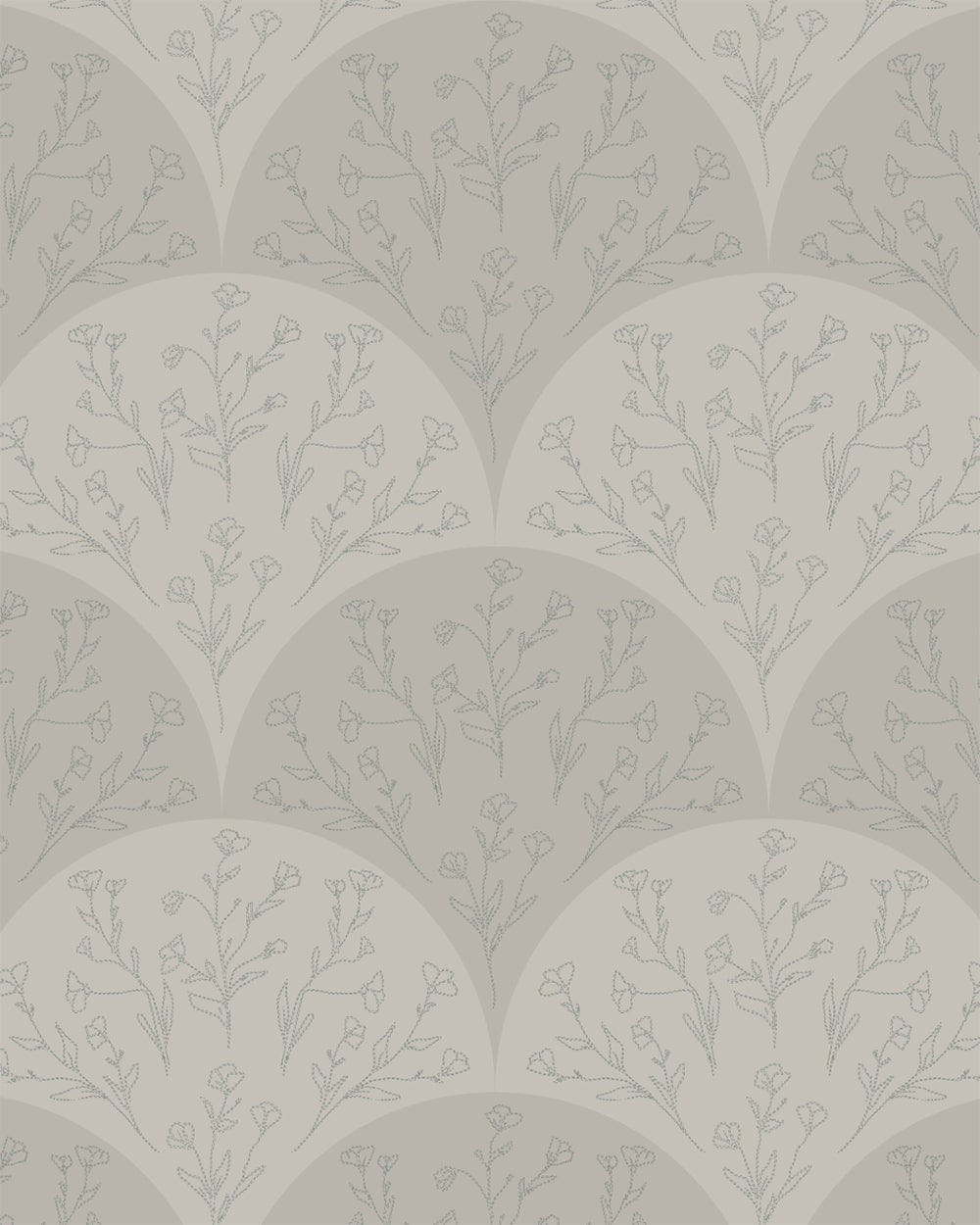 Soft sage wallpaper with scalloped fan shapes and delicate hand-drawn floral sprigs.