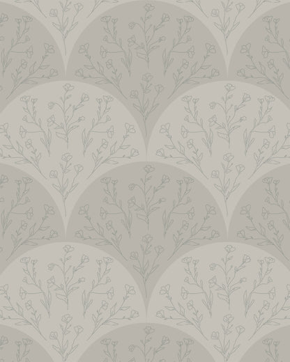 Soft sage wallpaper with scalloped fan shapes and delicate hand-drawn floral sprigs.