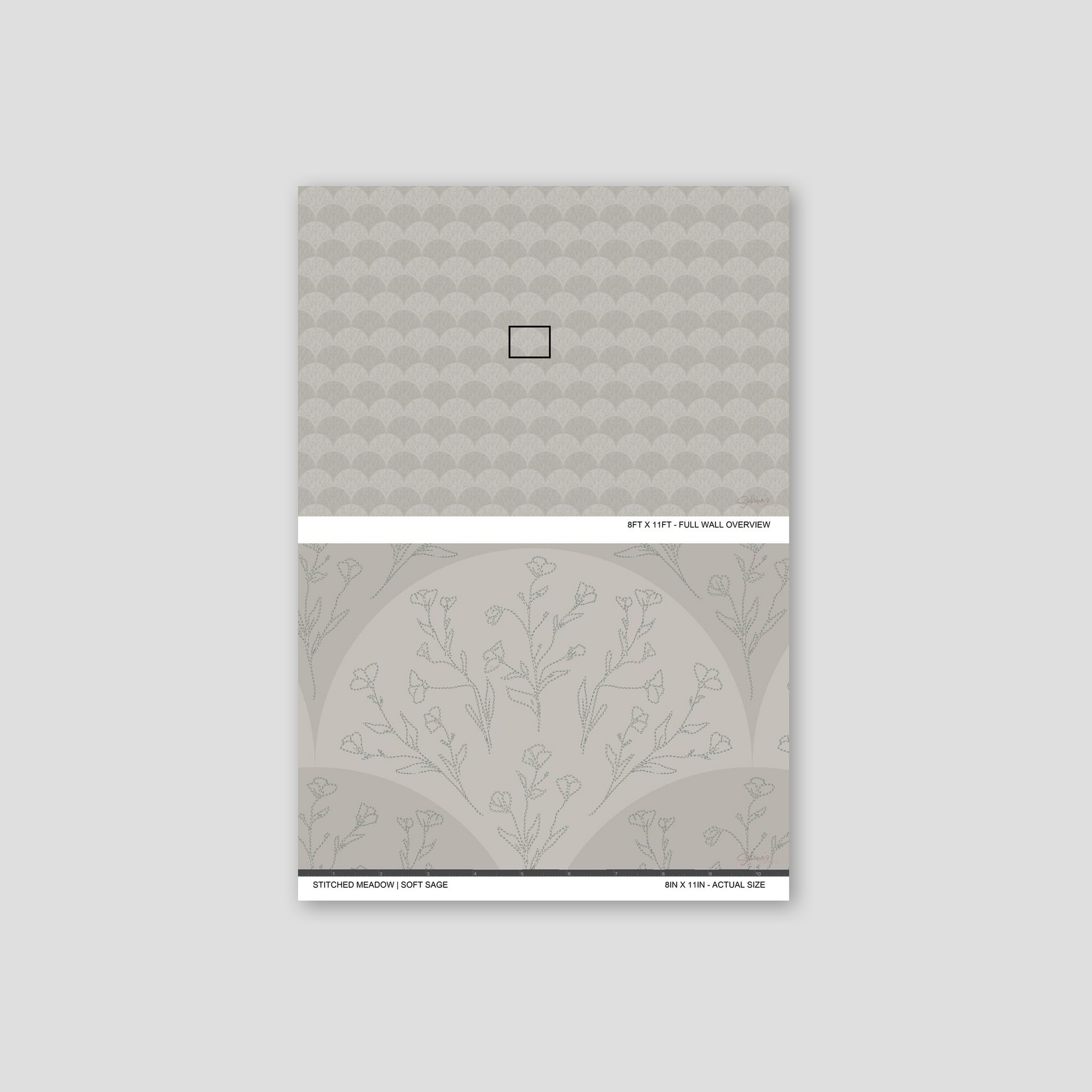 Soft sage floral fan wallpaper sample showing full wall scale and an actual-size view of the botanical pattern.