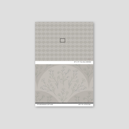Soft sage floral fan wallpaper sample showing full wall scale and an actual-size view of the botanical pattern.