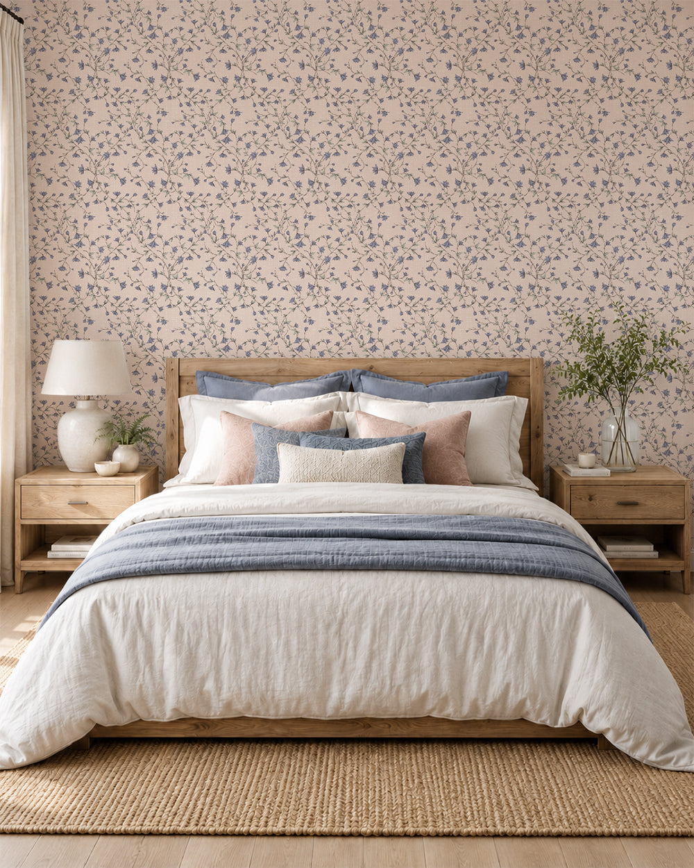 Spring Vine Bluebell Blush wallpaper in a warm bedroom with wood furniture, cream bedding and dusty blue accents.