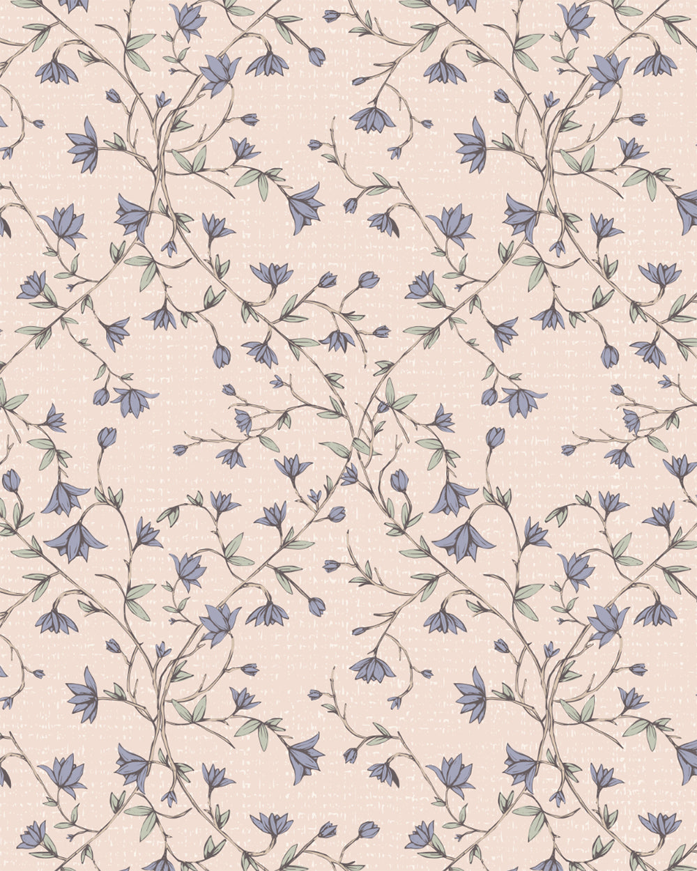 Spring Vine Bluebell Blush wallpaper with winding stems,  bell-shaped blossoms and soft green leaves on a blush background.