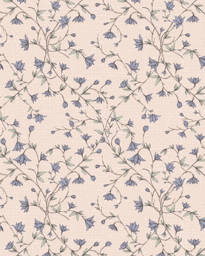 Spring Vine Bluebell Blush wallpaper with winding stems,  bell-shaped blossoms and soft green leaves on a blush background.