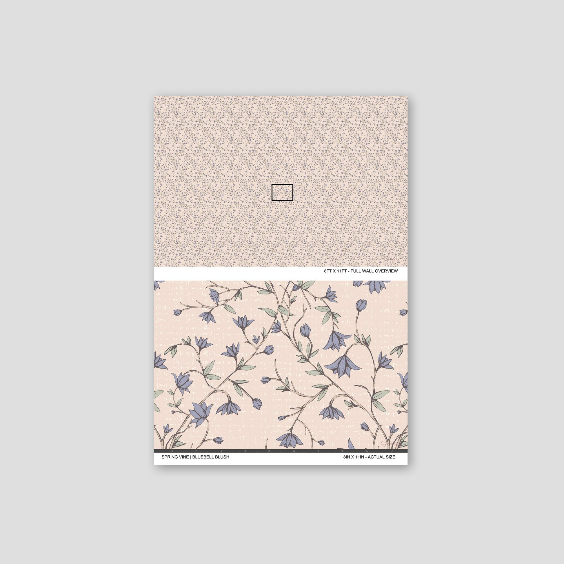 Spring Vine Bluebell Blush wallpaper sample showing the full wall scale and an actual-size view of the blue floral vine design.