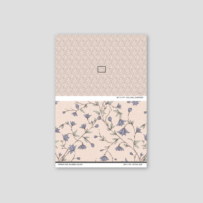 Spring Vine Bluebell Blush wallpaper sample showing the full wall scale and an actual-size view of the blue floral vine design.