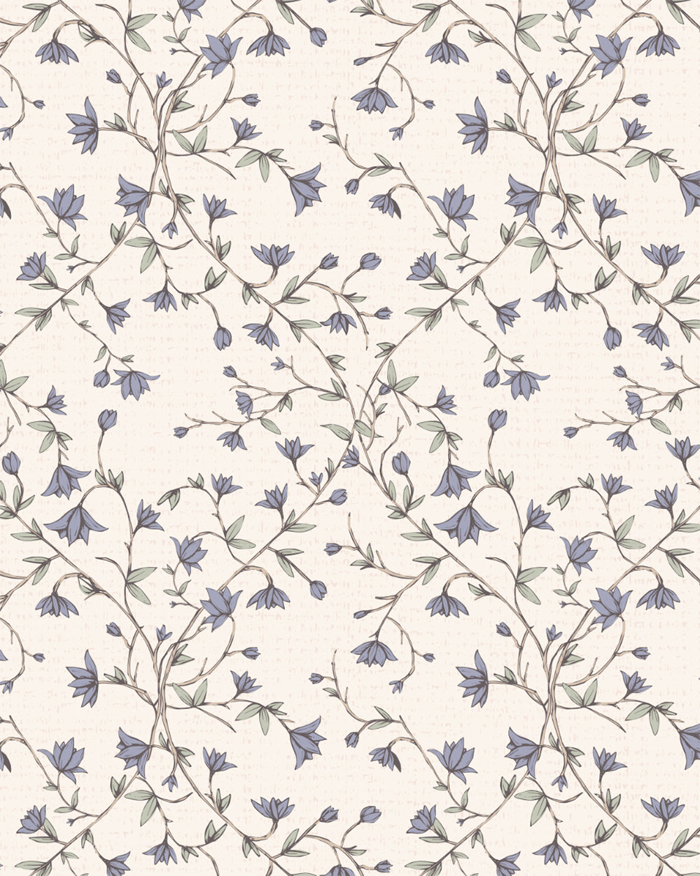 Spring Vine Bluebell Cream wallpaper with winding stems, blue bell-shaped blossoms and soft green leaves on a cream background.