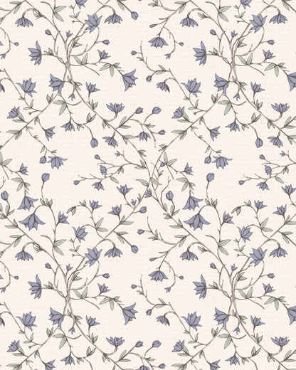 Spring Vine Bluebell Cream wallpaper with winding stems, blue bell-shaped blossoms and soft green leaves on a cream background.