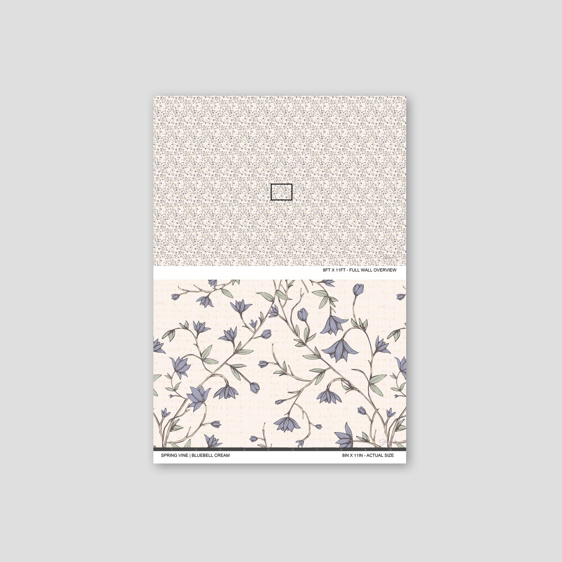 Spring Vine Bluebell Cream wallpaper sample showing the full wall scale and an actual-size view of the blue floral vine design.