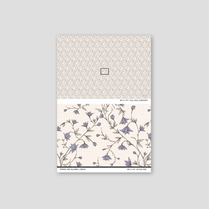 Spring Vine Bluebell Cream wallpaper sample showing the full wall scale and an actual-size view of the blue floral vine design.