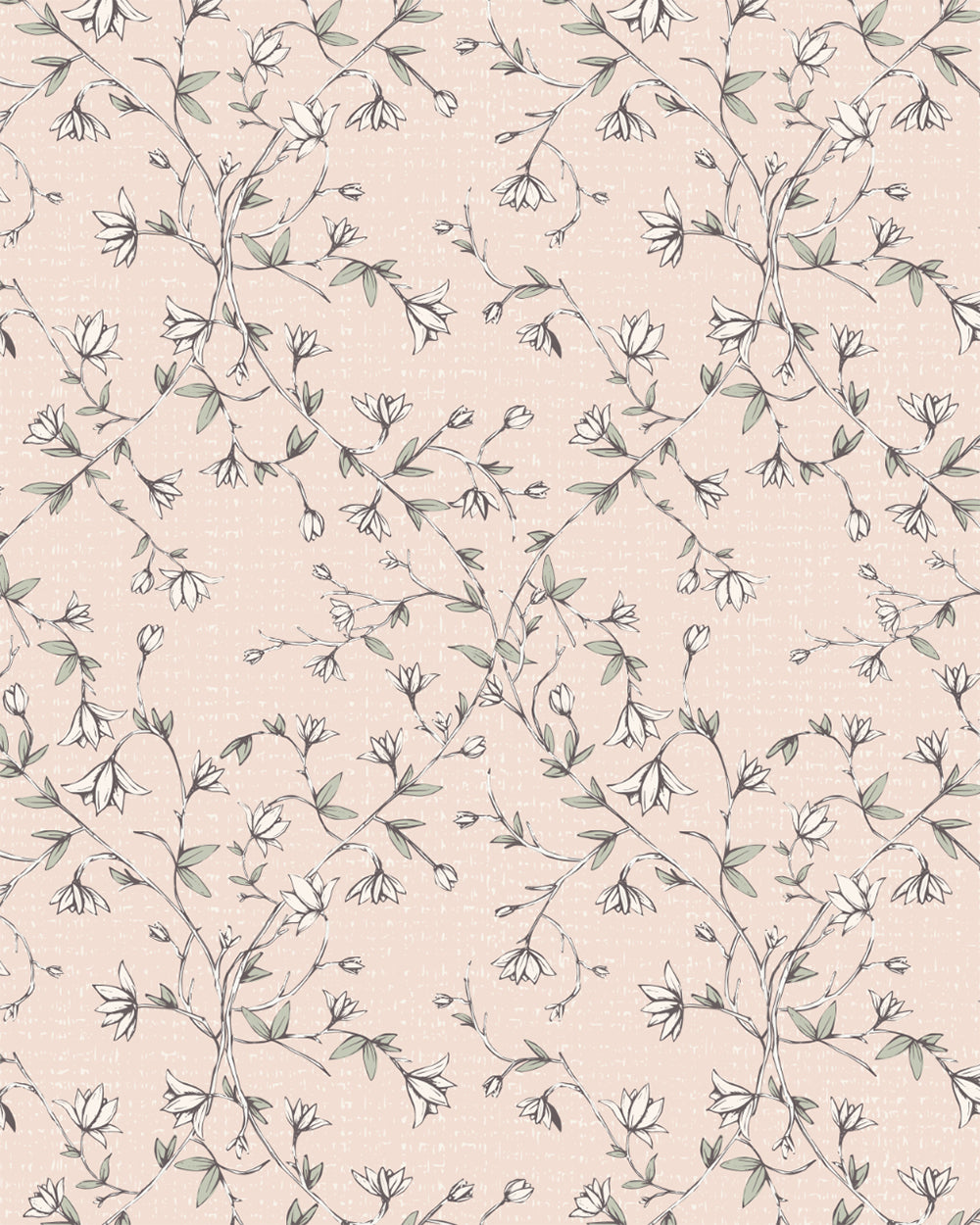 Spring Vine Blush wallpaper with winding floral stems, soft green leaves and delicate cream blossoms on a blush background.