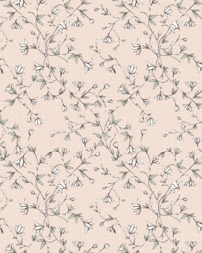 Spring Vine Blush wallpaper with winding floral stems, soft green leaves and delicate cream blossoms on a blush background.