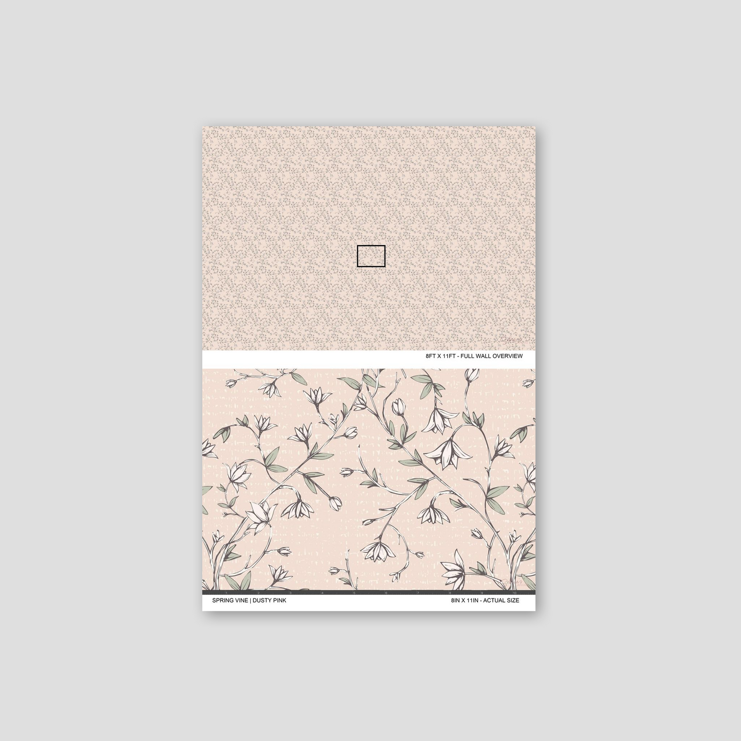 Spring Vine Blush wallpaper sample showing the full wall scale and an actual-size view of the delicate floral vine design.