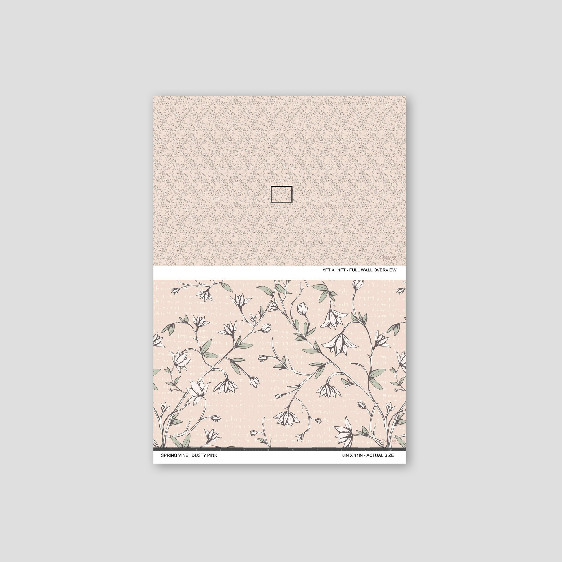 Spring Vine Blush wallpaper sample showing the full wall scale and an actual-size view of the delicate floral vine design.