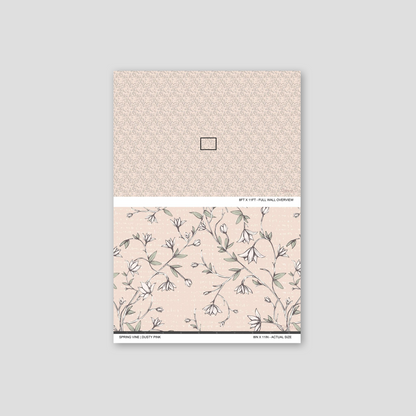Spring Vine Blush wallpaper sample showing the full wall scale and an actual-size view of the delicate floral vine design.