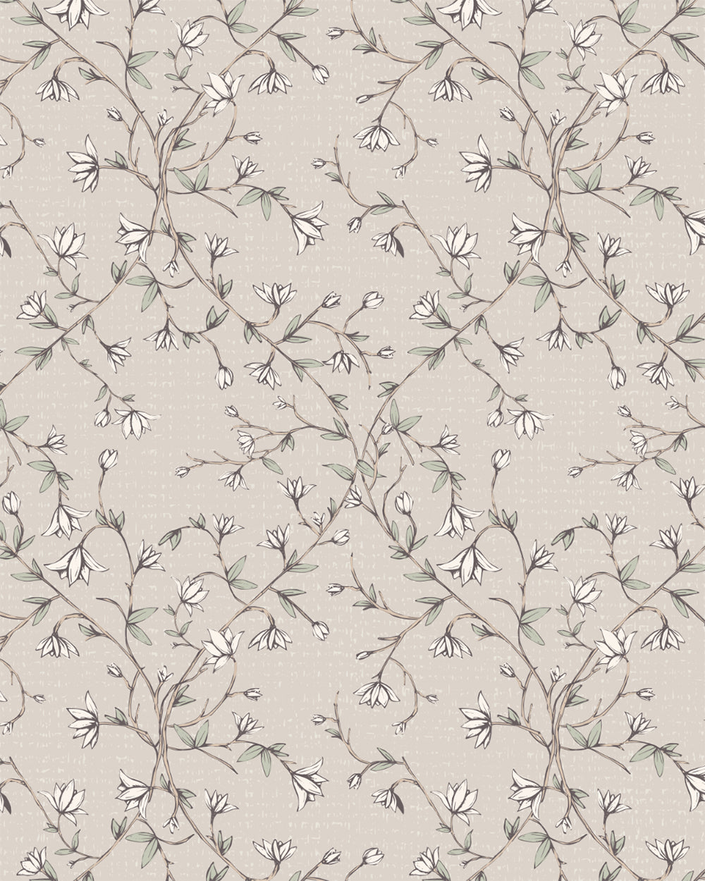 Spring Vine Taupe wallpaper with delicate winding stems, soft leafy details and small cream blossoms on a warm taupe background.