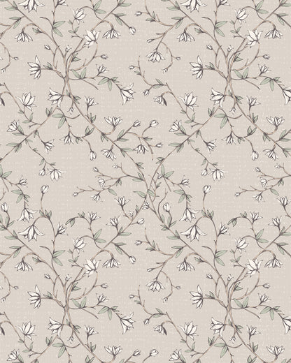 Spring Vine Taupe wallpaper with delicate winding stems, soft leafy details and small cream blossoms on a warm taupe background.