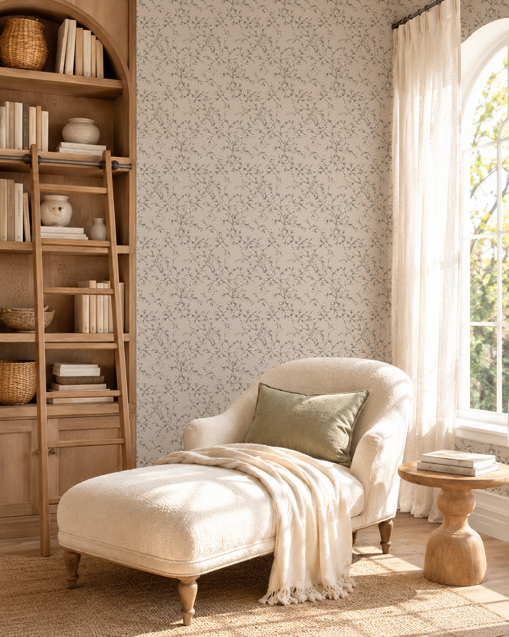 Spring Vine Taupe wallpaper in a cozy reading nook with a cream chaise, wood shelving and soft natural light.