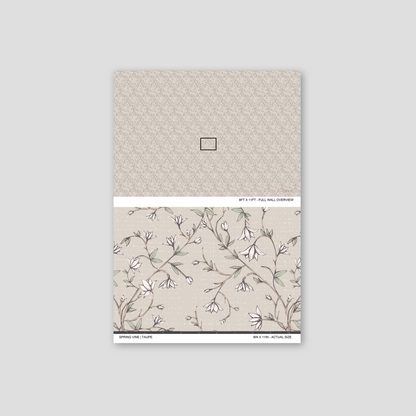 Spring Vine Taupe wallpaper sample showing the full wall scale and an actual-size view of the delicate floral vine design.