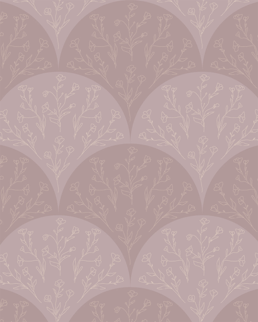 Stitched Meadow Blush wallpaper with scalloped arches and delicate hand-drawn floral sprigs.
