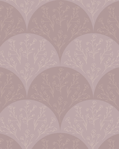 Stitched Meadow Blush wallpaper with scalloped arches and delicate hand-drawn floral sprigs.
