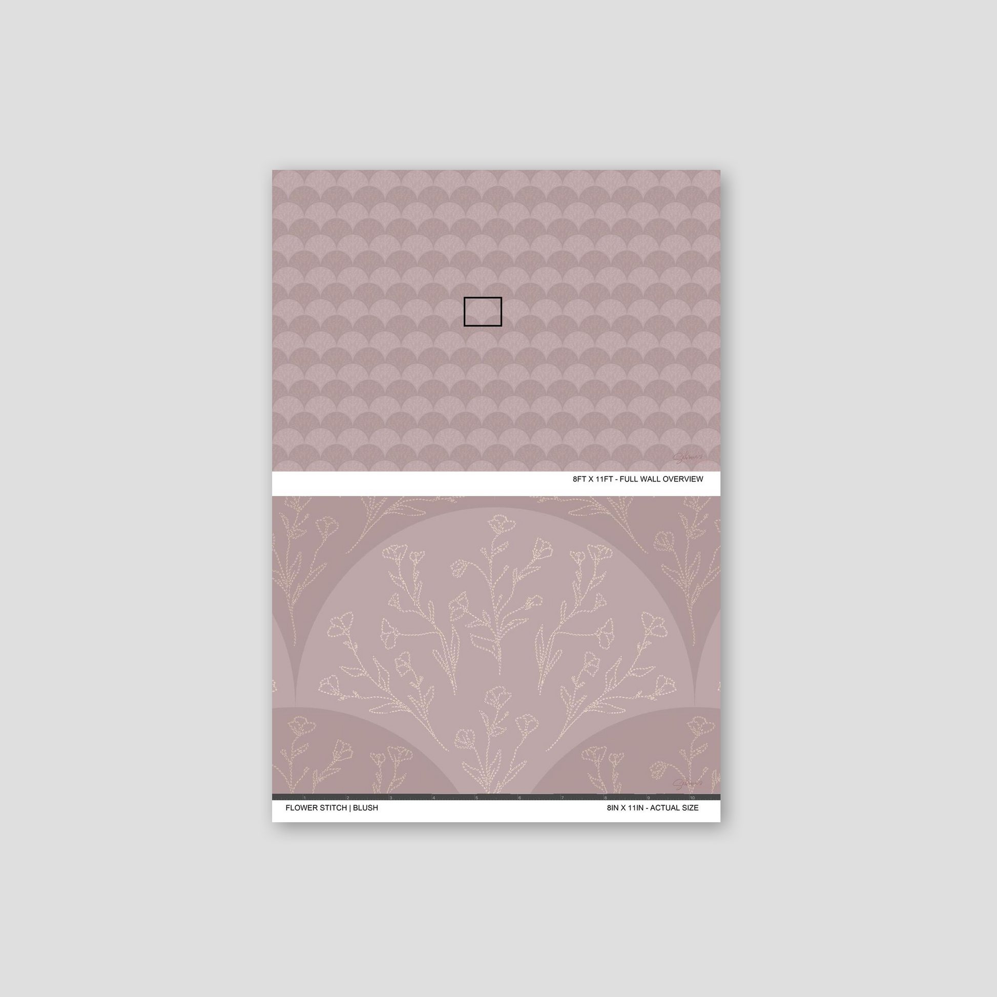 Stitched Meadow Blush wallpaper sample showing full wall scale and an actual-size view of the floral pattern.