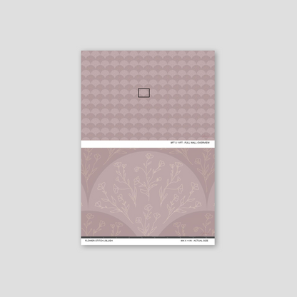 Stitched Meadow Blush wallpaper sample showing full wall scale and an actual-size view of the floral pattern.